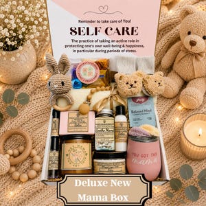 New Mom Gift Box – Pregnancy Care Package for Expecting or Postpartum Mom, Self Care Gift, Baby Rabbit Rattle, New Mom Affirmation Card DeluxeNewMomaBox