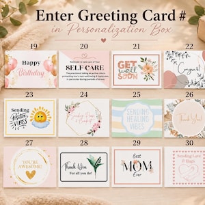 May include: A collection of twelve rectangular greeting cards numbered 19 through 30, each featuring unique text and illustrations including balloons, flowers, suns, and hearts, with the instruction to enter the card number in the personalization box.