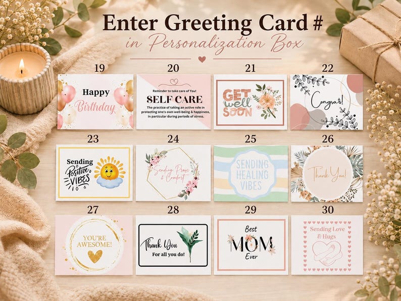 May include: A collection of twelve rectangular greeting cards numbered 19 through 30, each featuring unique text and illustrations including balloons, flowers, suns, and hearts, with the instruction to enter the card number in the personalization box.
