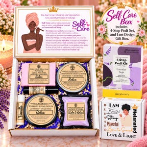 May include: A self-care gift box containing a 4-step pedi kit, a box labeled Blessed, Beautiful, Strong, Powerful, Born to Succeed, Love & Light, goat's milk soap, body lotion, whipped sugar scrub, shower steamer, lip balm, and a rollerball.