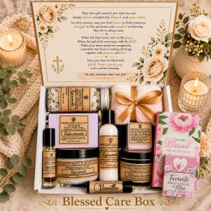 May include: A gift box containing bath products including a jar of bath salts, a bar of goat's milk soap, a bottle of body lotion, a jar of whipped sugar scrub, a shower steamer, a roll-on body oil, a candle, a lip balm, and a devotional book.
