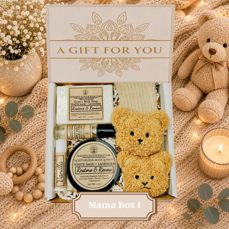 New Mom Gift Box – Pregnancy Care Package for Expecting or Postpartum Mom, Self Care Gift, Baby Rabbit Rattle, New Mom Affirmation Card Mama Box 1