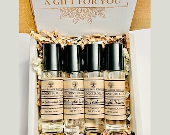 Holiday Gift- Men’s 4-Piece Cologne Roll on Gift Set | Small Christmas Gift for Him | Birthday Gift, Employee Appreciation
