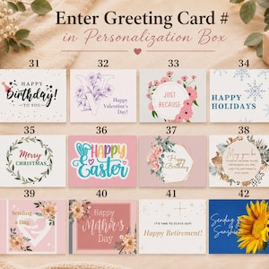 May include: A collection of twelve rectangular greeting cards numbered 31 through 42, featuring various designs including floral patterns, holiday themes, and text such as Happy Birthday, Happy Valentine's Day, Merry Christmas, and Happy Easter.