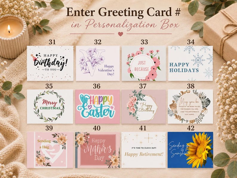 May include: A collection of twelve rectangular greeting cards numbered 31 through 42, featuring various designs including floral patterns, holiday themes, and text such as Happy Birthday, Happy Valentine's Day, Merry Christmas, and Happy Easter.