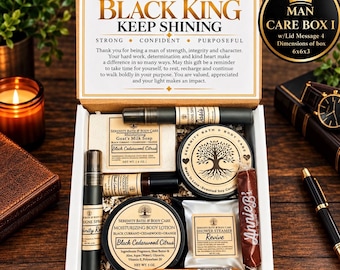 May include: A gift box labeled Black King Keep Shining containing Serenity Bath & Body Care products: two cologne sprays, goat's milk soap, soy candle, body lotion, shower steamer, and two Annie's treats. The box measures 6x6x3 inches.