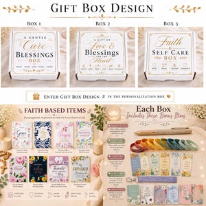 May include: Three white gift boxes with gold text labeled Box 1, Box 2, and Box 3. Below are eight floral mini devotional books, a tan pen, colorful silicone wristbands, floral bookmarks, a purple keychain, and small floral notepads.