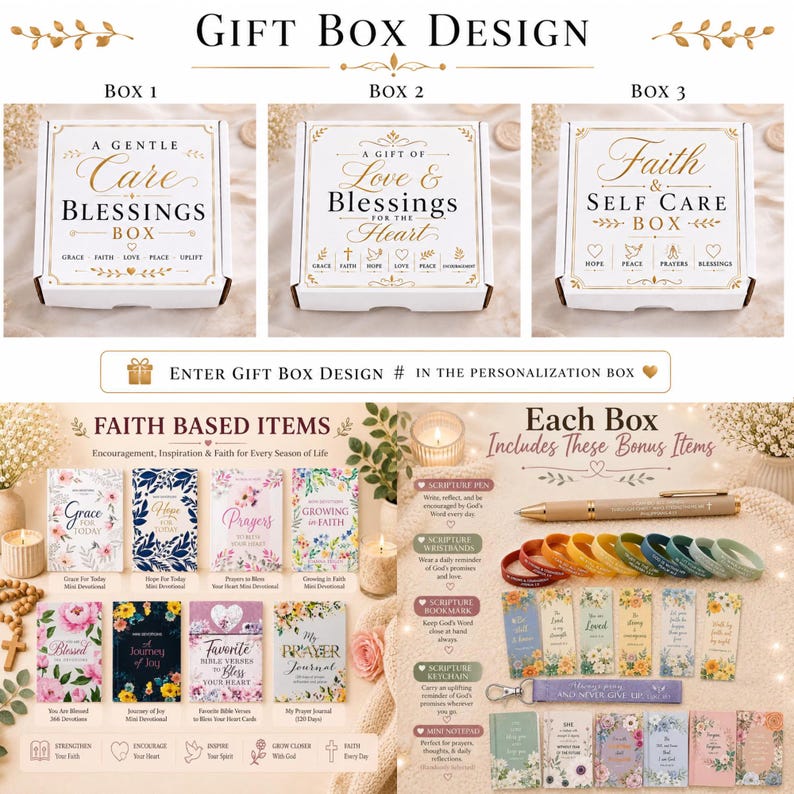 May include: Three white gift boxes with gold text labeled Box 1, Box 2, and Box 3. Below are eight floral mini devotional books, a tan pen, colorful silicone wristbands, floral bookmarks, a purple keychain, and small floral notepads.