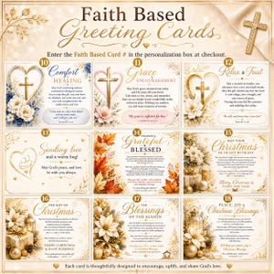 May include: A collection of nine faith-based greeting cards numbered 10 through 18, featuring elegant gold script, floral illustrations, and religious themes. Each card displays unique inspirational text, scripture verses, and decorative elements.