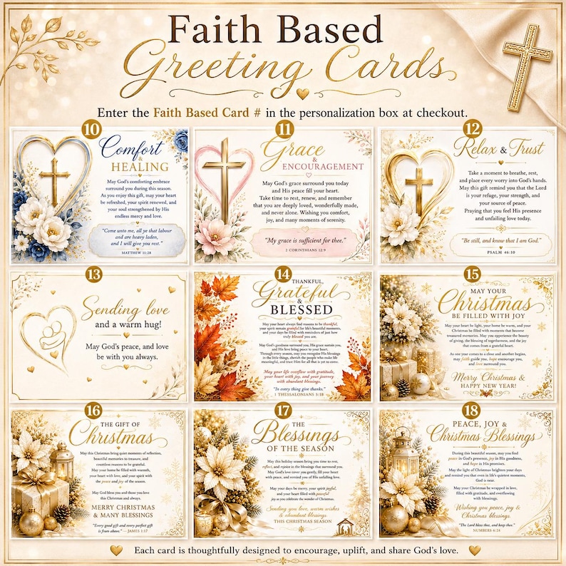 May include: A collection of nine faith-based greeting cards numbered 10 through 18, featuring elegant gold script, floral illustrations, and religious themes. Each card displays unique inspirational text, scripture verses, and decorative elements.