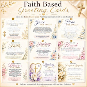 May include: A collection of nine faith-based greeting cards featuring floral illustrations, gold cross accents, and religious text. Each card is numbered one through nine and includes specific scripture verses and messages of hope, grace, and sympathy.