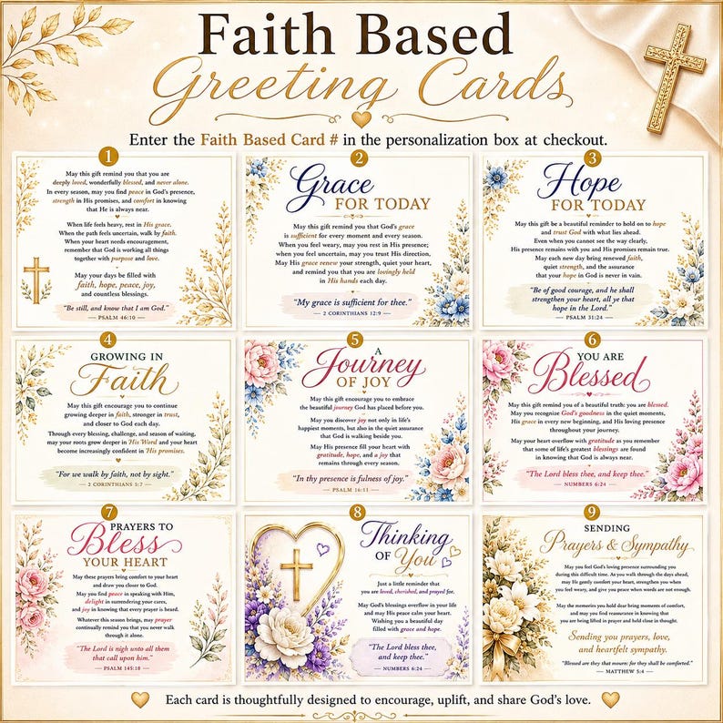 May include: A collection of nine faith-based greeting cards featuring floral illustrations, gold cross accents, and religious text. Each card is numbered one through nine and includes specific scripture verses and messages of hope, grace, and sympathy.