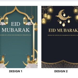 Puede incluir: Dos dise&ntilde;os de tarjetas de felicitaci&oacute;n Eid Mubarak. El dise&ntilde;o 1 presenta un fondo verde azulado con detalles dorados, faroles y el texto "EID MUBARAK". El dise&ntilde;o 2 tiene un fondo azul oscuro con una luna creciente y faroles, tambi&eacute;n con "EID MUBARAK".