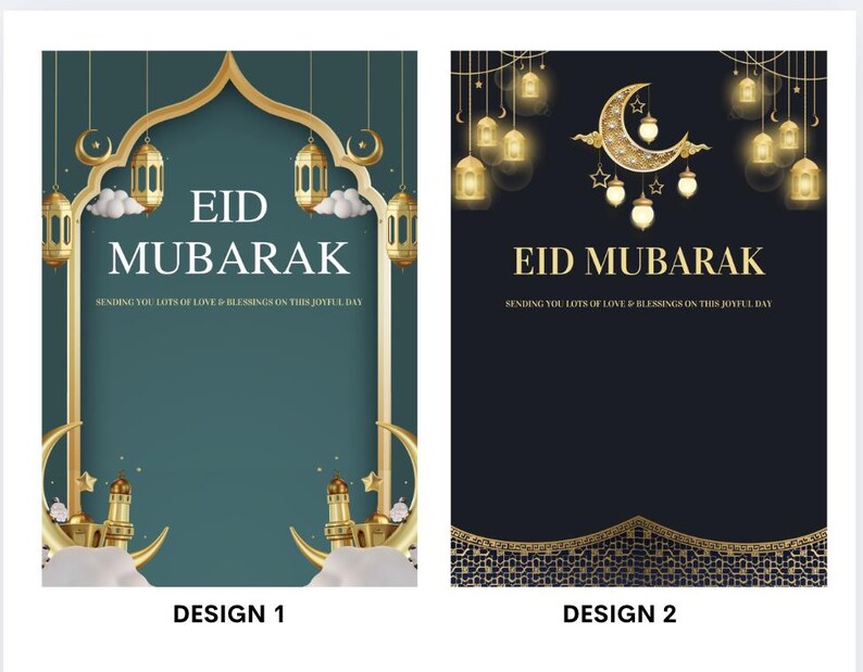 Puede incluir: Dos dise&ntilde;os de tarjetas de felicitaci&oacute;n Eid Mubarak. El dise&ntilde;o 1 presenta un fondo verde azulado con detalles dorados, faroles y el texto "EID MUBARAK". El dise&ntilde;o 2 tiene un fondo azul oscuro con una luna creciente y faroles, tambi&eacute;n con "EID MUBARAK".