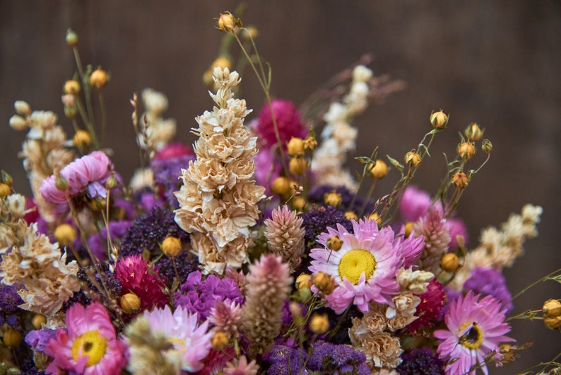 May include: A bouquet of dried flowers in shades of pink, purple, and cream. The bouquet includes dried lavender, strawflower, and other wildflowers.