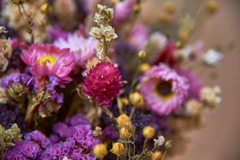 May include: A bouquet of dried flowers in shades of pink, purple, and yellow. The flowers are arranged in a loose, natural style, and the bouquet is tied with a brown ribbon.