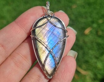 Silver Purple Labradorite Pendant Necklace Crystal Healing Gemstone Copper Wire Wrapped Jewellery on a Black Wax Cord