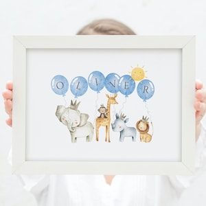 Jungle Animals Personalised Print, Safari New Baby Gift, Name Print, Zoo Animals, Baby Gift, Nursery Wall, Child&#39;s Name Print, Initial Print
