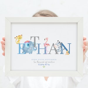 Jungle Animals Personalised Print, Safari New Baby Gift, Name Print, Zoo Animals, Baby Gift, Nursery Wall, Child&#39;s Name Print, Initial Print