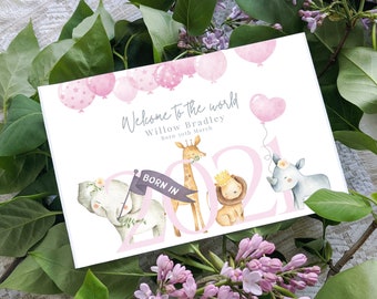 Personalised New Baby Girl Card 2025, New Parents Card, New Baby Card, Birth Details, Decorated with gems, Safari, Elephant, Lion, Giraffe,