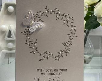 Personalised Wedding Card, Simple Wedding Card, With Pearls And A White Butterfly, Keepsake Card, 3d Wedding Card, Special Wedding Card
