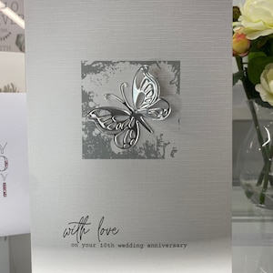 Mariposa de hojalata auténtica, tarjeta para el décimo aniversario de bodas, décimo aniversario, aniversario de hojalata, tarjeta especial de aniversario, tarjeta de recuerdo, 10.º aniversario, 3D