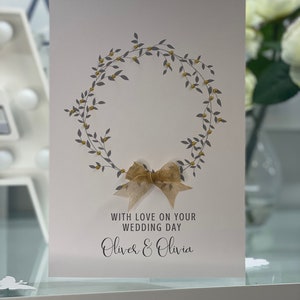 Gepersonaliseerde trouwkaart, eenvoudige trouwkaart, met gouden edelstenen en gouden boog, aandenken kaart, 3d trouwkaart, speciale trouwkaart