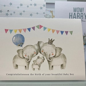 Nieuwe Baby Boy Card, Nieuwe Ouders Kaart, Nieuwe Baby Card, Kaart Om Frame, Versierd met edelstenen, Safari, Olifant, Baby Olifanten, Olifant Thema
