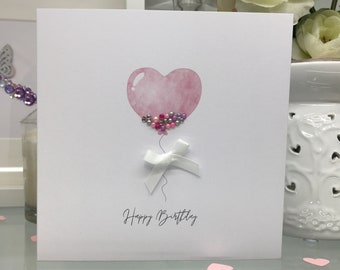 Gelukkige verjaardag, Roze Hart Ballon Kaart, Ballon Wenskaart, Roze Hart Ballon, Verjaardagskaart, Versierd met edelstenen en strik