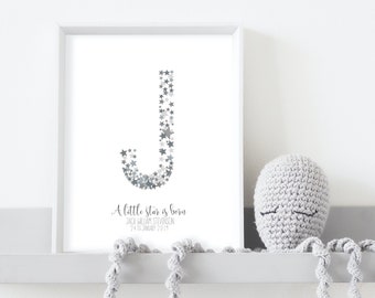 Personalised Star print, A Little Star Is Born, New Baby Print, Birth Details Print, Initial print, Stars, letter Print, New Parents Gift