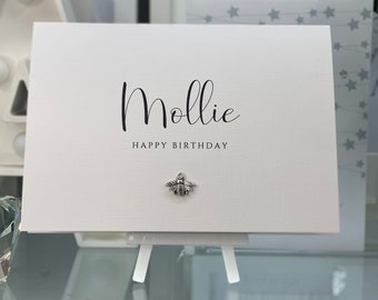 Personalised Card, Script Font, Name Card, Birthday Card For Her, Personalised Birthday Card, Mum, Friend, Girlfriend, Bee Charm,