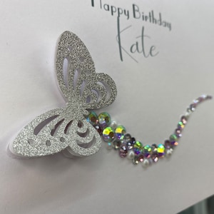 Personalised Happy Birthday Card, Name Card, Birthday Card for her, Personalised Birthday Card, Mum, Friend, Girlfriend, Butterfly & Gems