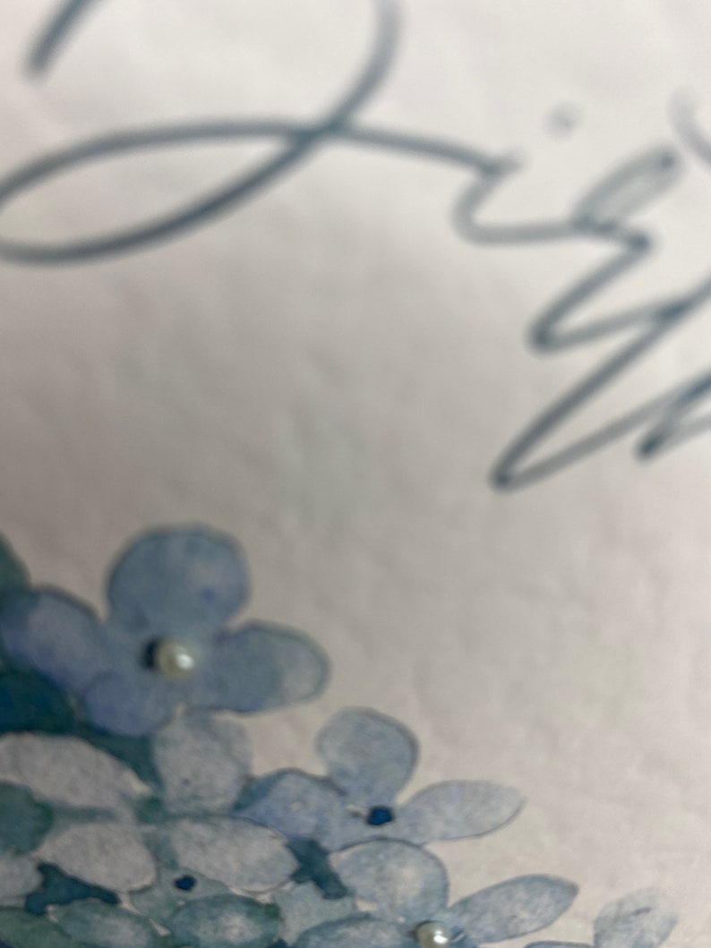 May include: A white background with a blue floral design. The flowers are painted in a watercolor style and have a light blue color. There are small white beads scattered throughout the design.