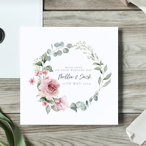 Personalisierte Hochzeitskarte, Eukalyptus Hochzeitskarte, Hochzeitskarte, Named Hochzeitskarte, Braut & Bräutigam Karte, Freunde Hochzeit, Rosa Blumen