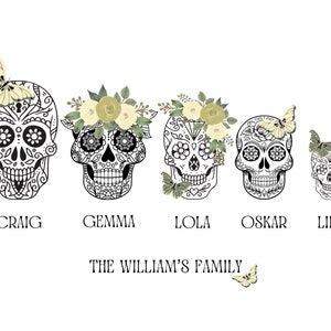 Personalisierter Totenkopf Familienbild, Personalisierter Totenkopf Familie, Muttertagsgeschenk Blumen, Schmetterlinge, Totenkopf Bild, Totenkopf Stammbaum