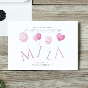 Carte personnalisée nouvelle fille de bébé, nouvelle carte de parents, nouvelle carte de bébé, détails de naissance, nouvelle carte de bébé, ballons, carte de nom, nouvelle carte de grands-parents