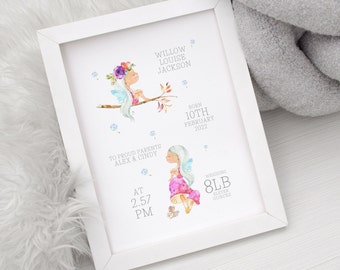 Birth Details Print, New Baby Gift, Fairies Baby Gift, Personalised Fairies Print, New Parent Gift, Christening Gift, New Baby Girl Print