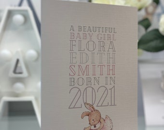Personalised New Baby Girl Card, New Parents Card, New Baby Card, Birth Details, Decorated with gems, Cute Rabbit Design, Baby Rabbit