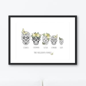 Personalisierter Schädelfamilie Druck, personalisierte Schädelfamilie, Blumen, Schmetterlinge, Schädelbild, Schädeldekor, Schädelfamilie, Schädelgeschenk,