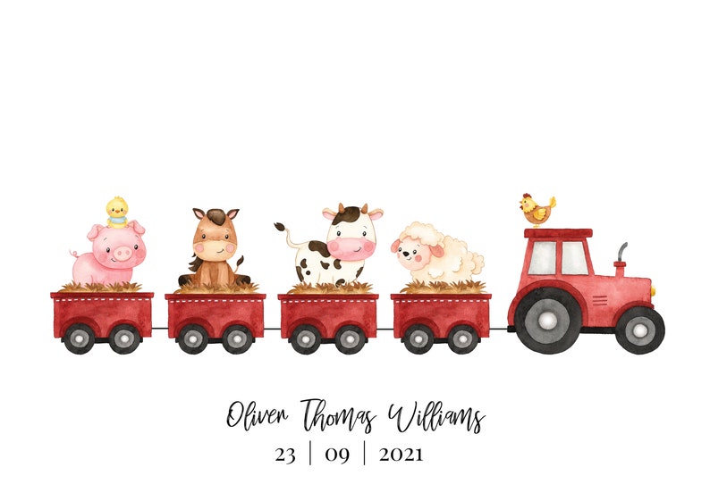 Tractor and Trailer With Farm Animals Personalised Print Cow Etsy