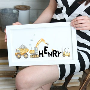 Construction Themed Personalised Print, Construction Vehicles, Boy&#39;s Name Print, Boy&#39;s Picture, Digger Print, Truck Print, Boy&#39;s Bedroom