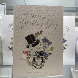 Hochzeitskarte, Schädelhochzeitskarte, Schädelhochzeitskarte, Schädel mit Blumen personalisiert, Gothic Hochzeitskarte, Erinnerungskarte