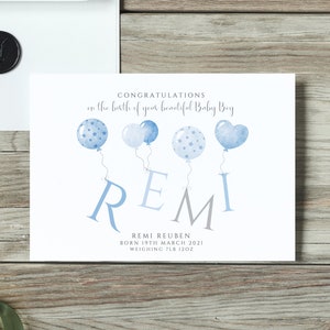 Gepersonaliseerde nieuwe babyjongenskaart, nieuwe ouderskaart, nieuwe babykaart, geboortedetails, nieuwe babykaart, ballonnen, naamkaart, nieuwe grootouderskaart