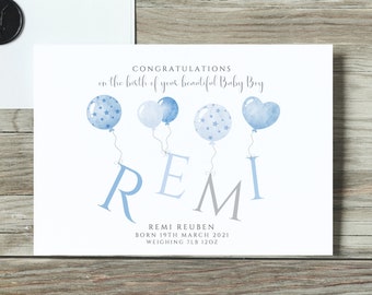 Personalised New Baby Boy Card, New Parents Card, New Baby Card, Birth details, New Baby Card, Balloons,Name Card, New Grandparents Card