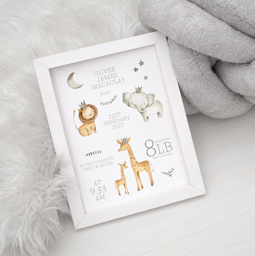 Birth Details Print, New Baby Gift, Safari Baby Gift, Personalised ...