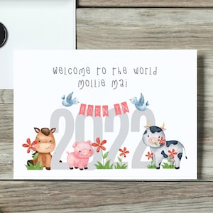 Tarjeta de nueva niña personalizada, tarjeta de nuevos padres, nueva tarjeta de bebé, tarjeta de nacimiento, tarjeta de bebé, tarjeta de felicitación, animales de granja, animales de bebé