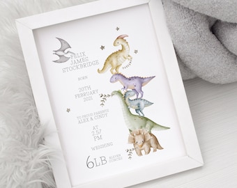 Birth Details Print, New Baby Gift, Dinosaur Baby Gift, Personalised Dinosaur Print, New Parent Gift, Christening Gift, Baby Brother Gift