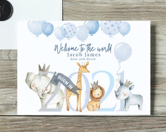 2025 Personalised New Baby Boy Card, New Parents Card, New Baby Card, Birth details, Decorated with gems, Safari, Elephant, Lion, Giraffe,