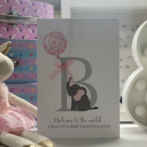 Nueva abuela, nuevo abuelo, tarjeta de nuevos abuelos, tarjeta de bebé de nuevo nieto, nieto nuevo, elefante gris, globos azules, arco y gemas