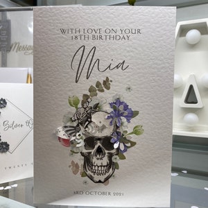 Personalised Happy Birthday Skull Card, Personalised Skull, Flowers, Butterflies, Birthday Card, Keepsake Card, Luxury Birthday Card